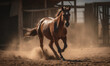 Cutting horse majestically maneuvering through dusty corral showing its agility & precision. composition highlights horse's natural talent & rugged Western landscape typical of its breed Generative AI