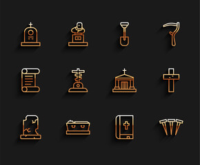 Poster - Set line Old grave with tombstone, Coffin dead, Grave, Holy bible book, Metallic nails, cross, Christian and crypt icon. Vector