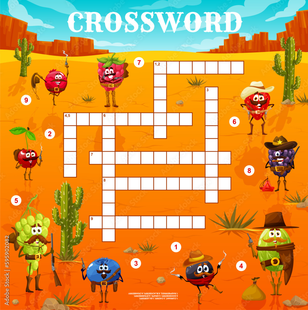 Crossword grid wild west ranger, cowboy and bandit berry characters ...