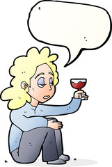 cartoon unhappy woman with glass of wine with speech bubble