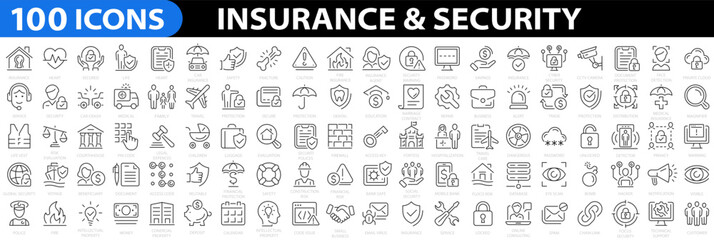Insurance & Security 100 icon set. Healthcare medical, life, car, home, travel insurance, secured payment, encryption, safety, insurance, data protection, detector and more. Vector illustration.
