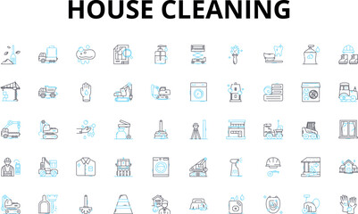 House cleaning linear icons set. Sweep, Mop, Vacuum, Dust, Scrub, Sanitize, Tidy vector symbols and line concept signs. Polish,Disinfect,Wipe illustration