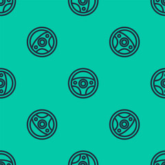 Poster - Blue line Steering wheel icon isolated seamless pattern on green background. Car wheel icon. Vector