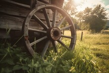 Old Wagon Wheel In Serene Rural Scene Exuding Rustic Charm. Generative AI