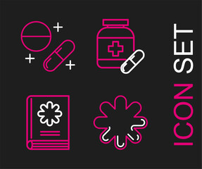 Sticker - Set line Cross hospital medical, Medical book, Medicine bottle and pills and or tablet icon. Vector