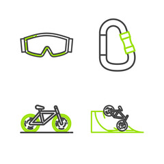 Sticker - Set line Bicycle on street ramp, Carabiner and Ski goggles icon. Vector