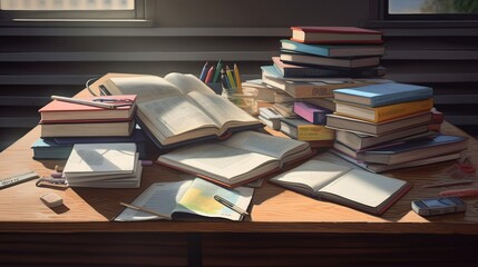 School books on desk photorealistic. AI generated