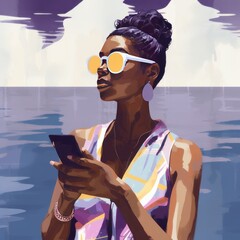 Illustration of young woman in sunglasses holding smartphone by the pool. Summers holiday concept. AI image