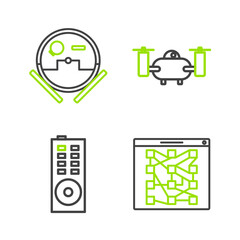 Sticker - Set line Global technology or social network, Remote control, Drone flying with action camera and Robot vacuum cleaner icon. Vector