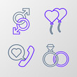 © Oksana - Set line Wedding rings, Telephone with heart speech bubble, Balloons form of and Male gender symbol icon. Vector