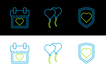 Poster - Set line Heart with shield, Calendar heart and Balloons in form of icon. Vector