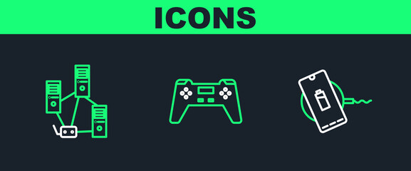 Sticker - Set line Wireless charger, Computer network and Gamepad icon. Vector