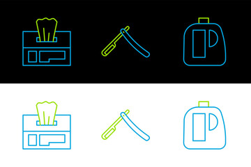 Sticker - Set line Bottles for cleaning agent, Wet wipe pack and Straight razor icon. Vector