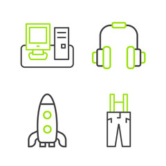 Poster - Set line Pants with suspenders, Rocket ship, Headphones and Monitor keyboard icon. Vector