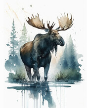 Portrait Of A Moose (elk) In Watercolor Style. Generative AI
