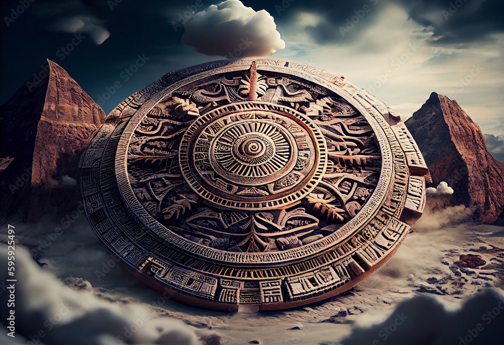An illustration of an Aztec calendar, featuring complex symbols and ...