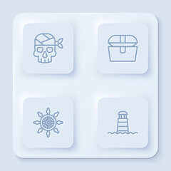 Sticker - Set line Pirate captain, Antique treasure chest, Ship steering wheel and Lighthouse. White square button. Vector