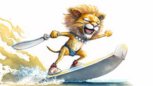 Cute Cartoon Smilling Lion In Sunglasses Sailing On  Jet Ski, Watercolor, Post Processed AI Generated Image