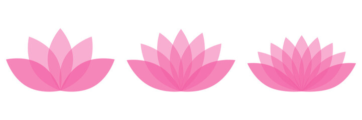 Wall Mural - Lotus flower symbol set, flat style pink color vector icon object. Floral label with five petals, wellness, health and yoga industry or meditation logo, isolated on white background.