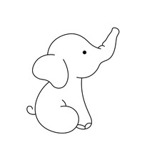 Vector Isolated One Single Cute Cartoon Sitting Baby Elephant Side View With Trunk Up Colorless Black And White Contour Line Easy Drawing