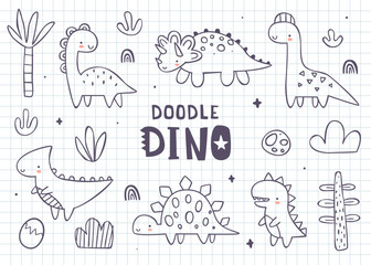 Wall Mural - Doodle cute dino outline set for kids. Funny vector prints collection with hand drawn dinosaurs for children. Dino sketch bundle.