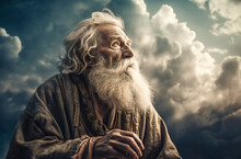Old Man With A Beard, With A Stormy Sky In The Background. Visionary Man, Philosopher, Wise Man Or Prophet. Cinematic Effect. Created With Generative AI Technology.