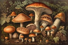 Vintage Illustration Of Mushroom And Toadstool Collection By Adolphe Philippe Millot. Generative AI