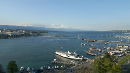 Wall Mural - Lake Leman in the city of Geneva in Switzerland - aerial view by drone