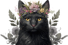 Watercolor Illustration Of Black Cat With Flower Crown. Generative Ai