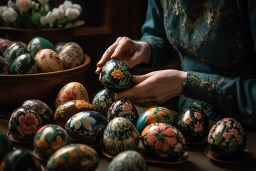 Wall Mural - Examining Intricately Decorated Easter Eggs Featuring Floral Designs. Generative AI