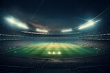 Fototapeta Sport - Nighttime stadium backdrop featuring football and cricket with blurred 3D lighting. Generative AI