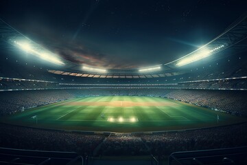Wall Mural - Nighttime stadium backdrop featuring football and cricket with blurred 3D lighting. Generative AI
