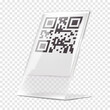 Plexi stand vector mock-up. Transparent L-shaped QR code holder mockup. Clear acrylic desk counter information display template