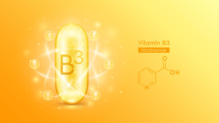 Wall Mural - Gold oil capsule vitamin B3 and structure chemical formula. Pill multivitamin complex with bubble collagen serum radius ring surround. Skincare cosmetics nutrition design. Medical concepts. 3D Vector.