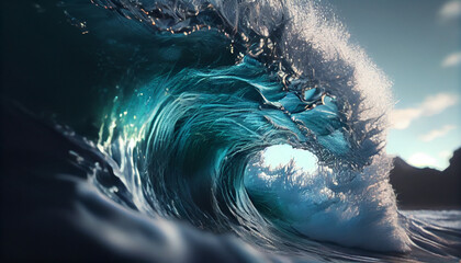 Wall Mural - Close-up of large blue breaking wave in sea ocean. Blue Sea Wave Background. Ai generated image