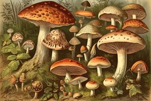 Vintage Illustration Of Mushroom And Toadstool Collection By Adolphe Philippe Millot. Generative AI