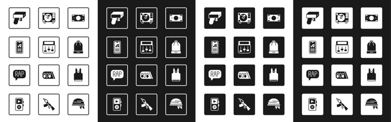  Set Stacks paper money cash, Drum machine music, Music player, Money gun, Winter hat, Vinyl with vinyl disk, Undershirt and Rap icon. Vector