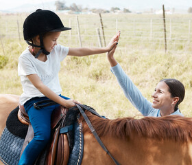 Canvas Print - My favourite learner. young girl with her instructor with a horse outdoors in a forest.