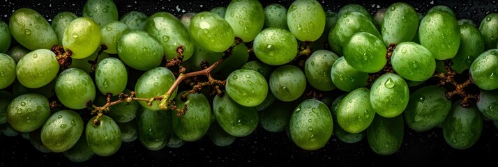 Top down view of fresh green grapes with waterdrops. AI Generative Art.