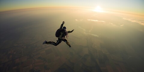 Wall Mural - Parachuting. Action sport. Paratroopers or parachutist free-falling and descending with parachutes. Generative AI. Sky. Sport background