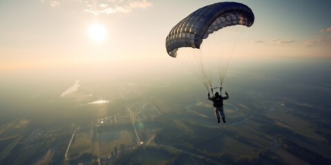 Wall Mural - Parachuting. Action sport. Paratroopers or parachutist free-falling and descending with parachutes. Generative AI. Sky. Sport background