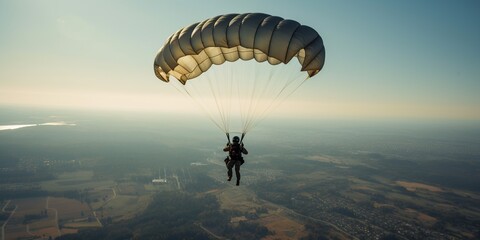 Wall Mural - Parachuting. Action sport. Paratroopers or parachutist free-falling and descending with parachutes. Generative AI. Sky. Sport background