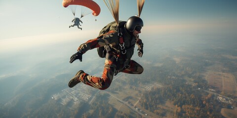 Wall Mural - Parachuting. Action sport. Paratroopers or parachutist free-falling and descending with parachutes. Generative AI. Sky. Sport background