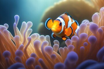 Poster - Clown anemone fish, orange marine fish, aquarium backdrop Generative AI