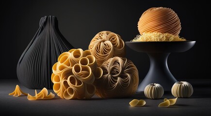 Wall Mural - noodles in a neat pile on a table in the shadows generative ai