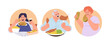 © Iryna Petrenko - Round frames icons isolated set with obese people eating unhealthy fast food having addiction