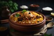Spicy chicken biryani in white bowl. A traditional Indian or Pakistani ramzan food. Perfect for iftar meal or ramadan dinner. Generative AI