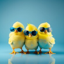 Three Yellow Chicks With Blue Sunglasses Bang; Studio Blue Background. Easter Concept, Generative Ai