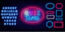 Quiz Time Neon Label. Multicolored Handwritten Text. Luminous Blue Alphabet. Vector Stock Illustration