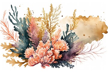 Wall Mural - beach wedding illustration with a bouquet composed of bright golden seaweeds and corals generative a